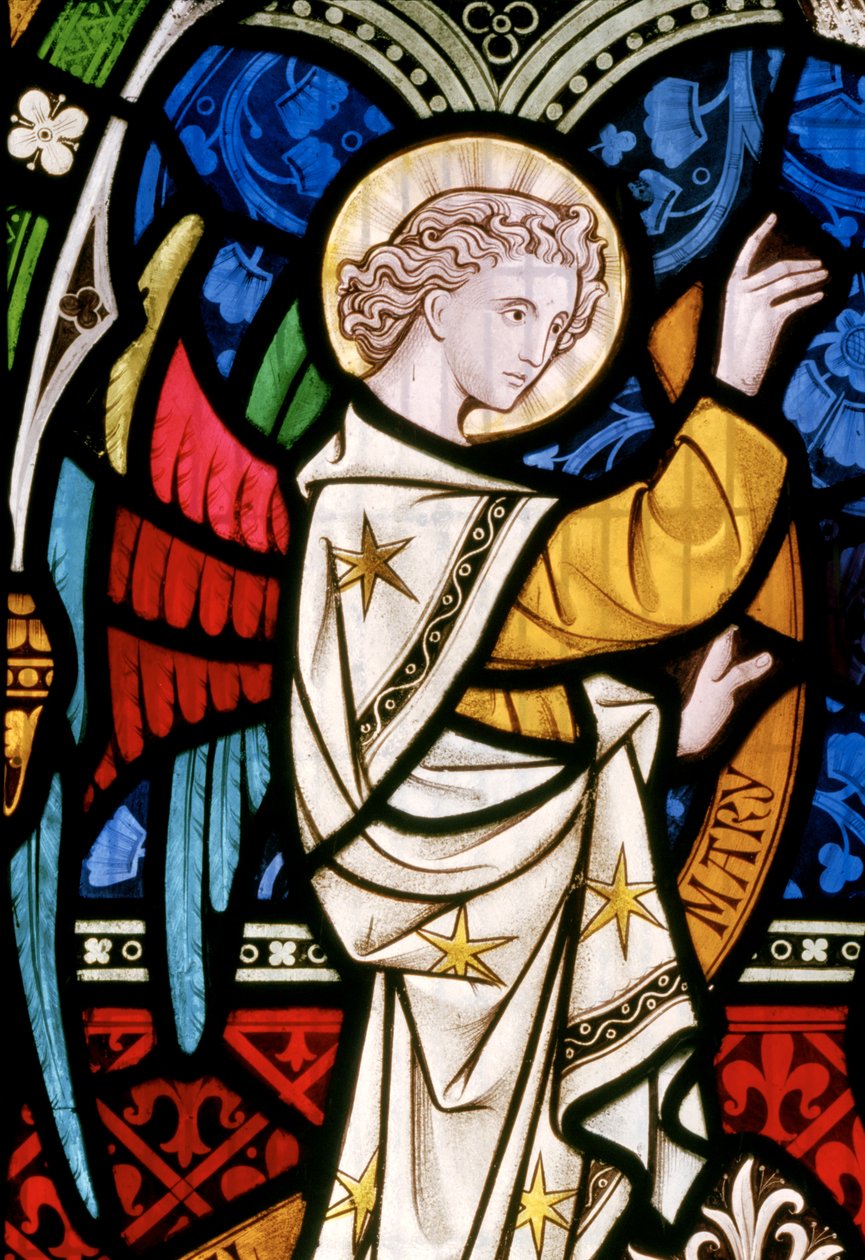Maulden, St Mary, East Window, detal, Clayton & Bell, John Richard Clayton (1827-1913), Anioł, detal, Chrystus w majestacie, c.1859 Maria autorstwa John Richard Clayton