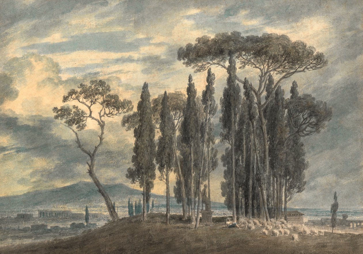 W ogrodach Villa Negroni w Rzymie (ołówek i akwarela z wydrapaniem) autorstwa John Robert Cozens