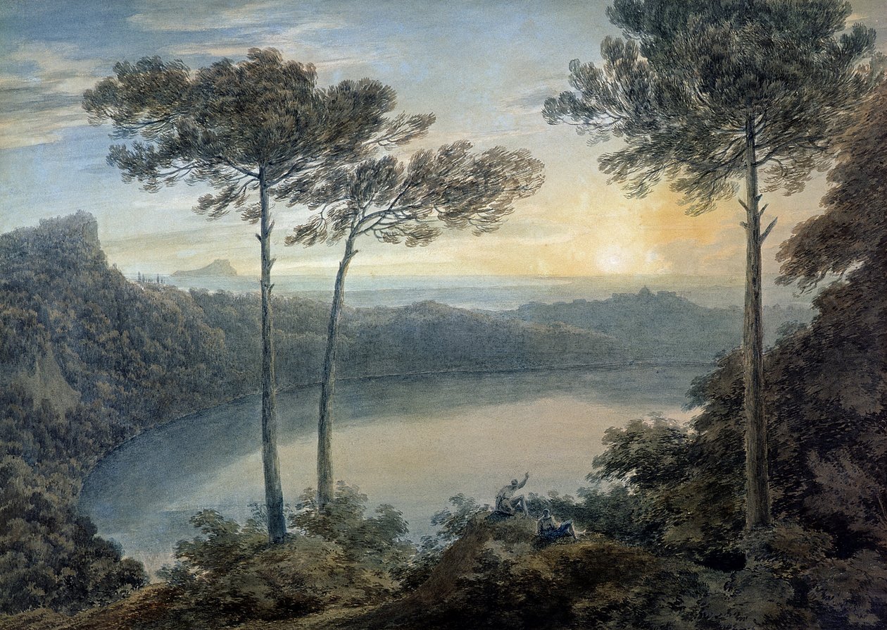 Jezioro Albano i Castel Gandolfo (akwarela na papierze) autorstwa John Robert Cozens