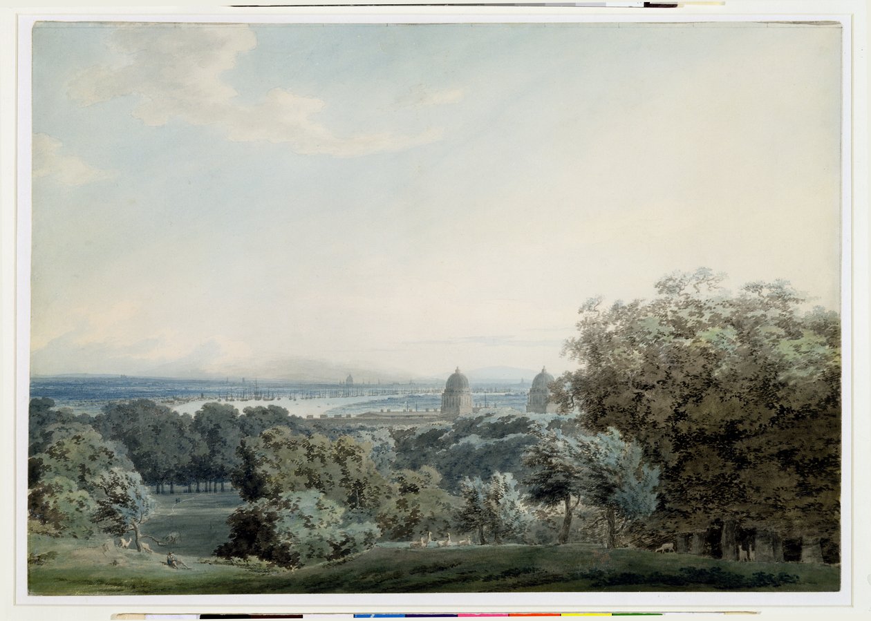 Londyn z Greenwich Hill, ok. 1791 (toaleta, czarny tusz i rozmycie grafitu na papierze tkanym) autorstwa John Robert Cozens