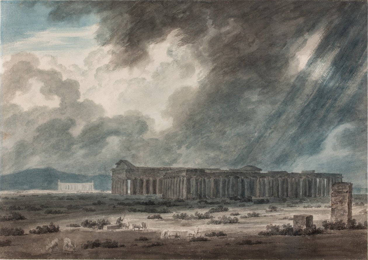 Ruiny Paestum w pobliżu Salerno: Trzy świątynie, ok. 1792 (akwarela, tusz i ołówek na papierze) autorstwa John Robert Cozens