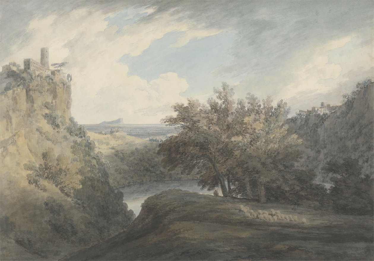 Jezioro Nemi, ok.1783-85 (grafit i akwarela na papierze tkanym) autorstwa John Robert Cozens