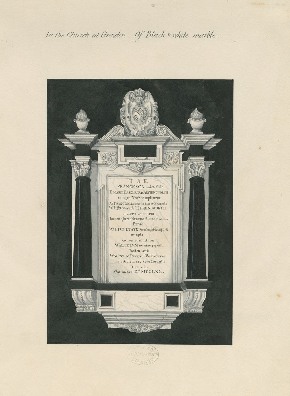 Ingestre - tabliczka do Frances (Hesilrige) Chetwynd: malarstwo i [XIX w.] (malarstwo) autorstwa John Robert Fernyhough