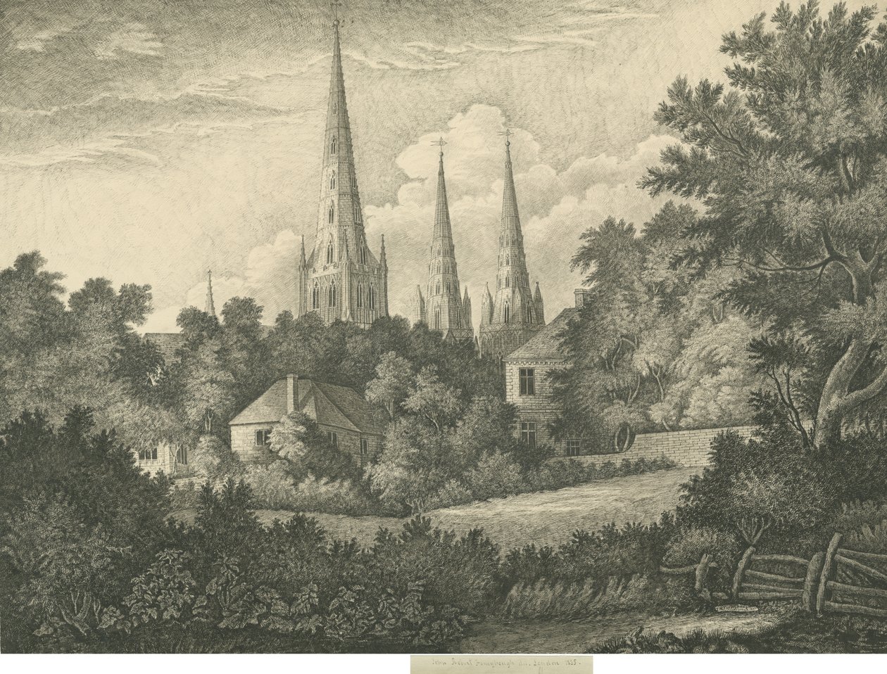 Katedra w Lichfield - widok północno-wschodni: rysunek piórem i tuszem, 1835 autorstwa John Robert Fernyhough