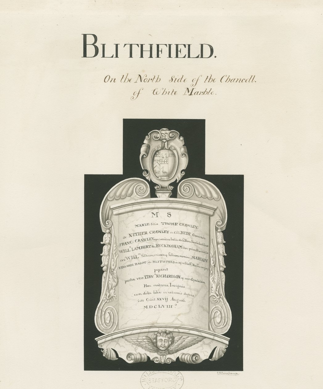 Tabliczka w kościele w Blithfield - Mary Crawley : rozmycie sepii, nd [?XIX wiek] (rysunek) autorstwa John Robert Fernyhough