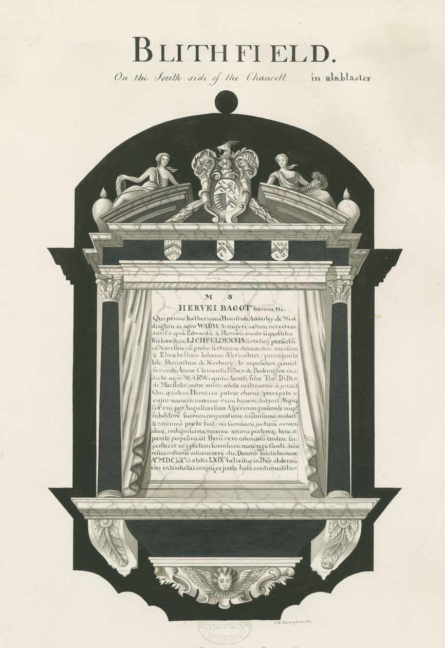 Tabliczka w kościele w Blithfield - Sir Hervey Bagot, Bart.: rysunek sepii, nd [?XIX wiek] (rysunek) autorstwa John Robert Fernyhough
