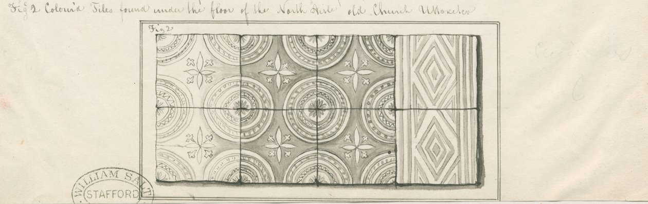 Kościół w Uttoxeter – Kolorowe kafelki znalezione pod podłogą North Aisle: rysunek piórkiem i praniem, nd [?poł. XIX w.] autorstwa John Robert Fernyhough