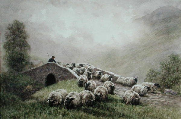 Highland Bridge z Pasterzem i Stadem (akwarela na papierze) autorstwa John Robert Keitley Duff