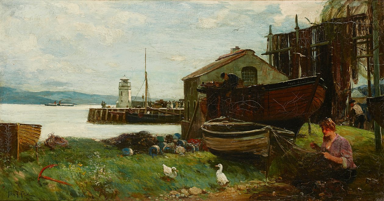 Reperowanie sieci, Ardrishaig (olej na płótnie) autorstwa John Robertson Reid