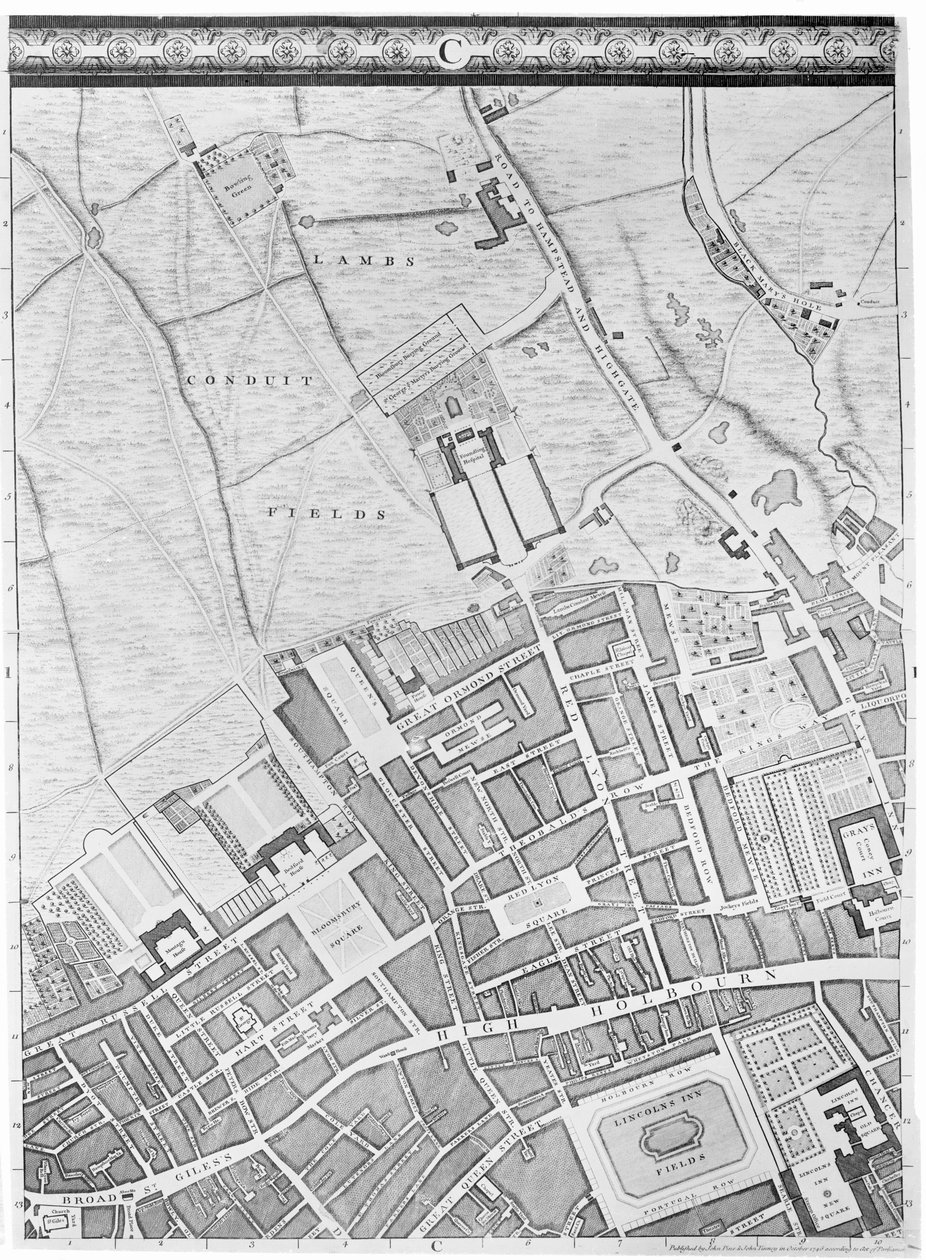 Mapa Bloomsbury i Holborn, Londyn, 1746 r autorstwa John Rocque