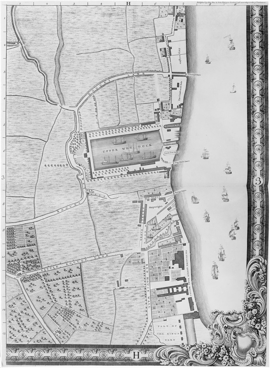Mapa Dolnych Doków Rotherhithe, Londyn, 1746 (grawerowanie) autorstwa John Rocque