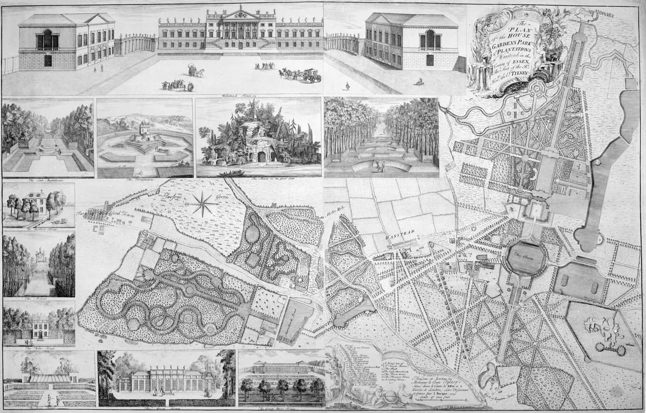 Plan domu, ogrodów, parku i plantacji Wanstead, siedziby hrabiego Tylney, 1735 autorstwa John Rocque