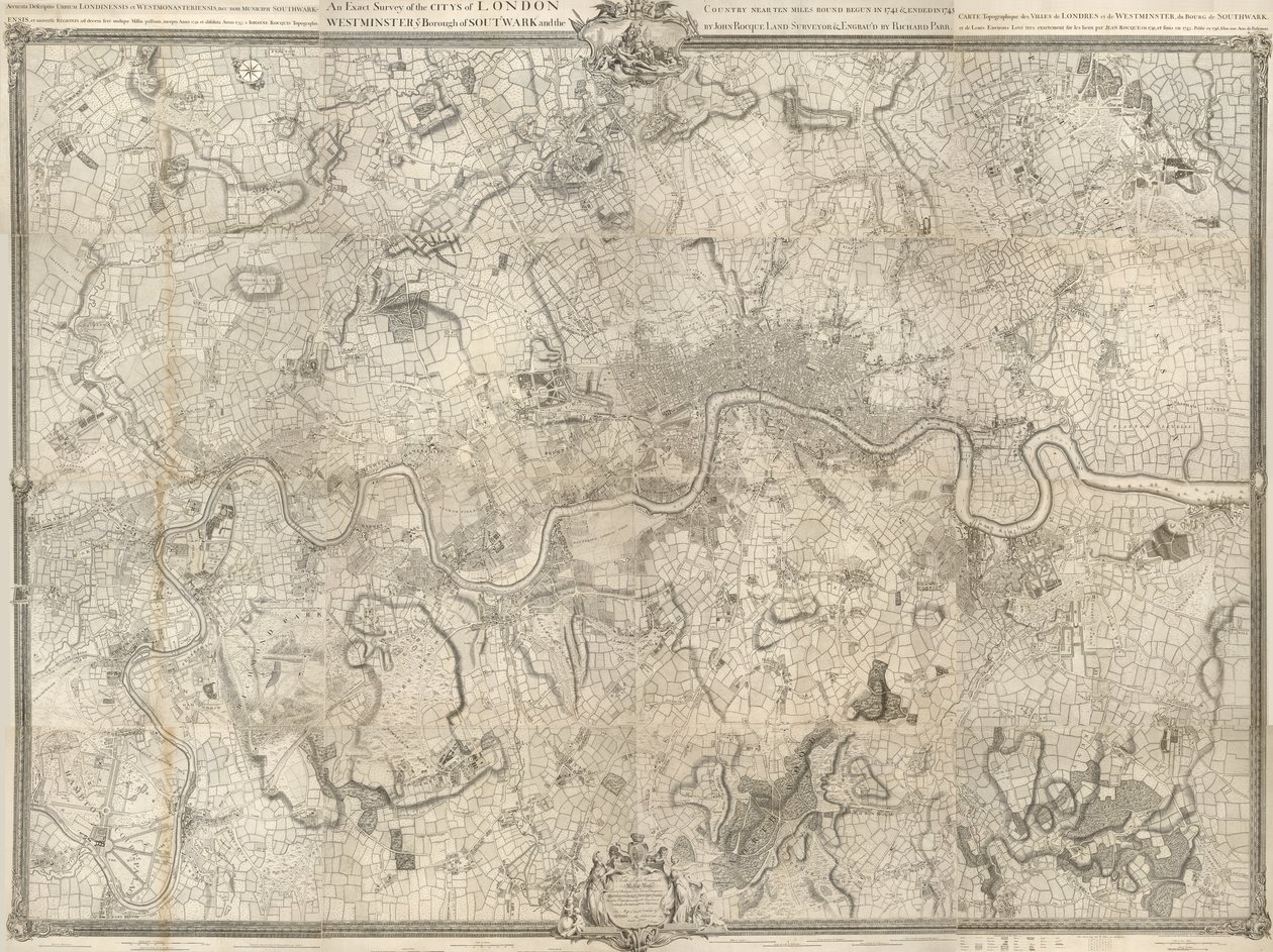 XVIII-wieczna mapa Londynu. Dokładne badanie miasta Londynu, Westminster ye Borough of Southwark i kraju w pobliżu dziesięciu mil rozpoczęło się w 1741 i zakończyło w 1745 / przez geodetę Johna Rocque