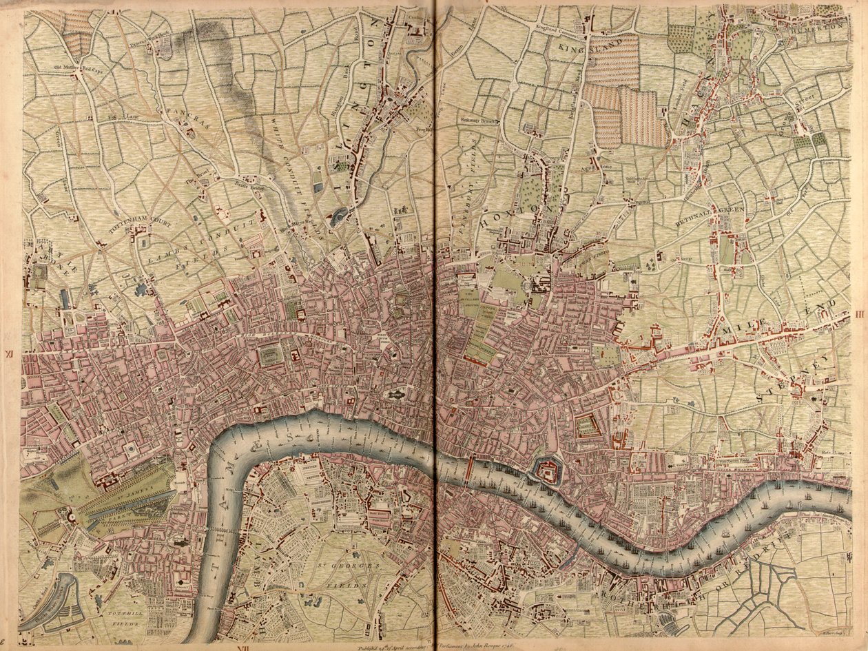 "An exact survey of cities of London and Westminster, the borough of Southwark, with the country near ten miles round", ok. 1746 r. (rycina) autorstwa John Rocque