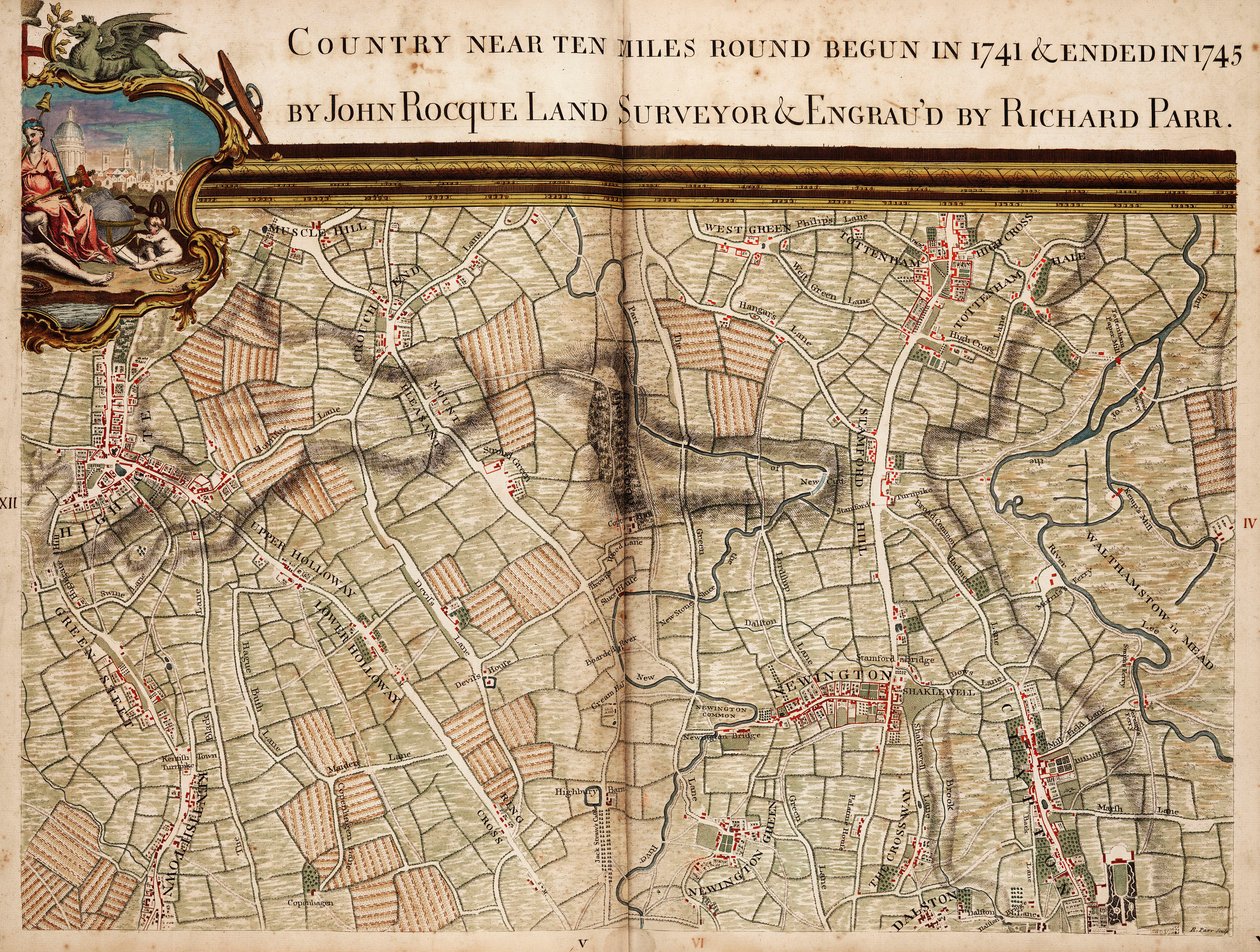 Mapa Highgate, Kentish Town, Holloway, Tottenham i Newington autorstwa John Rocque