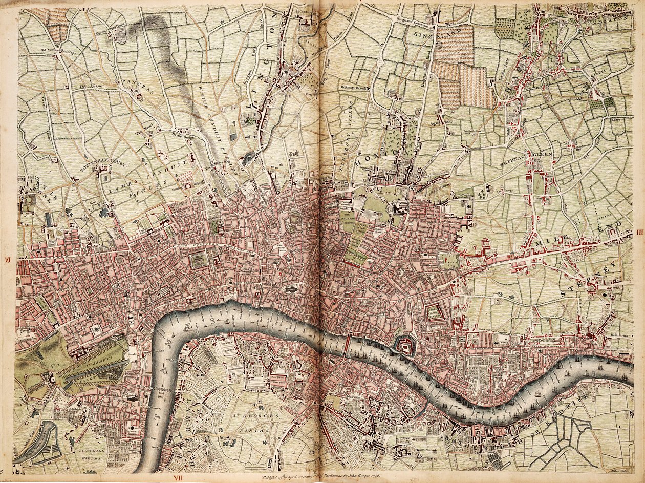 Mapa Islington, Westminster, City i Southwark autorstwa John Rocque