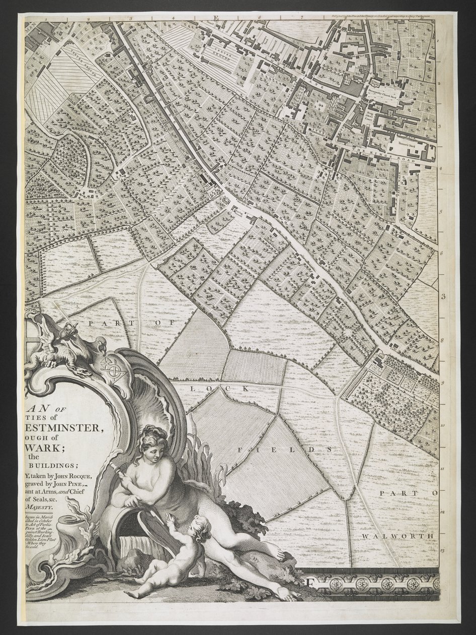 Plan Londynu, część pól Lock,  Plan miast Londynu i Westminsteru oraz dzielnicy Southwark; : z sąsiednimi budynkami; Z rzeczywistej ankiety / wykonanej przez JOHN ROCQUE, Land-Surveyor i Grawerowane przez Johna Pine