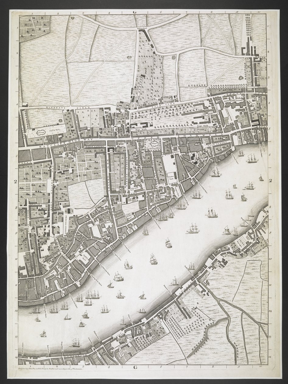 Plan Londynu, autostrada Ratcliff, droga Upper Shadwell,  Plan miast Londynu i Westminsteru oraz dzielnicy Southwark; : z sąsiednimi budynkami; Z rzeczywistej ankiety / wykonanej przez JOHN ROCQUE, Land-Surveyor i Grawerowane przez Johna Pine