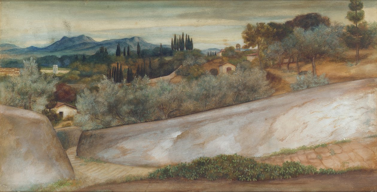Toskański krajobraz z wioską i gajem oliwnym autorstwa John Roddam Spencer Stanhope