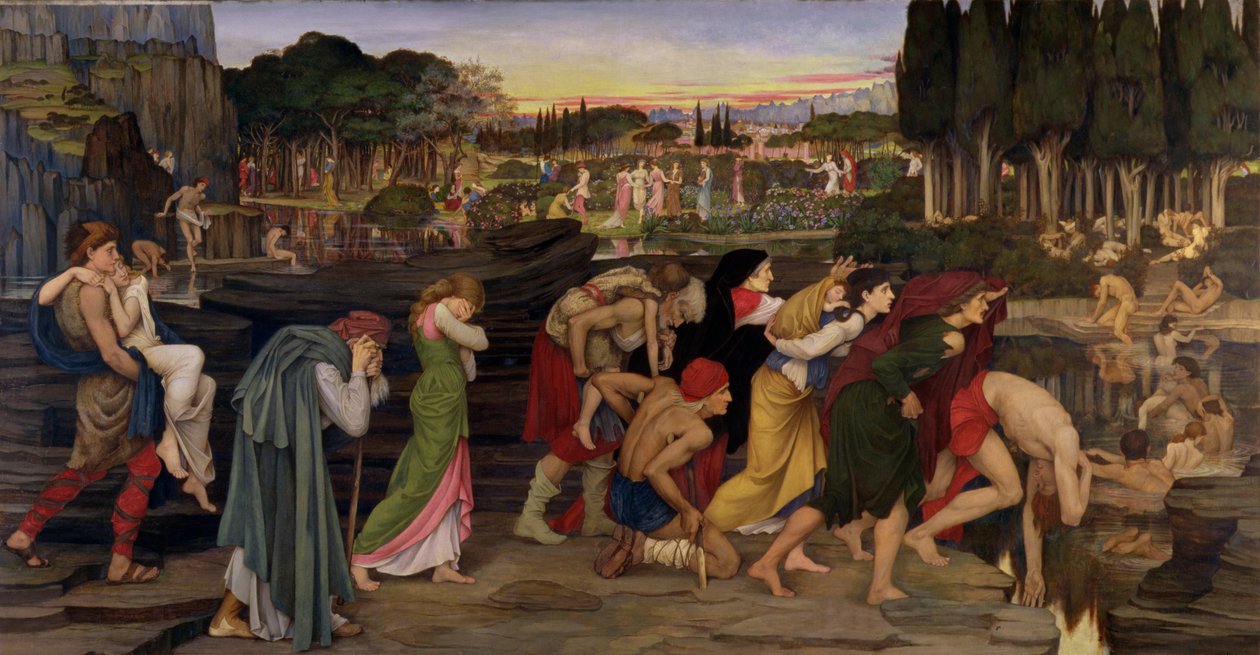 Wody Lete przy Równinach Elizejskich, ok. 1880 (tempera i złota farba na płótnie) autorstwa John Roddam Spencer Stanhope