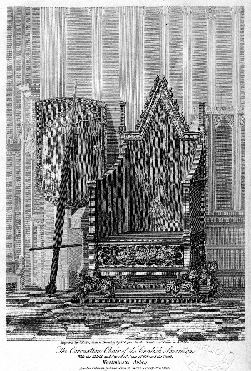Krzesło koronacyjne władców angielskich, Opactwo Westminsterskie, Londyn, 1810 r. autorstwa John Roffe