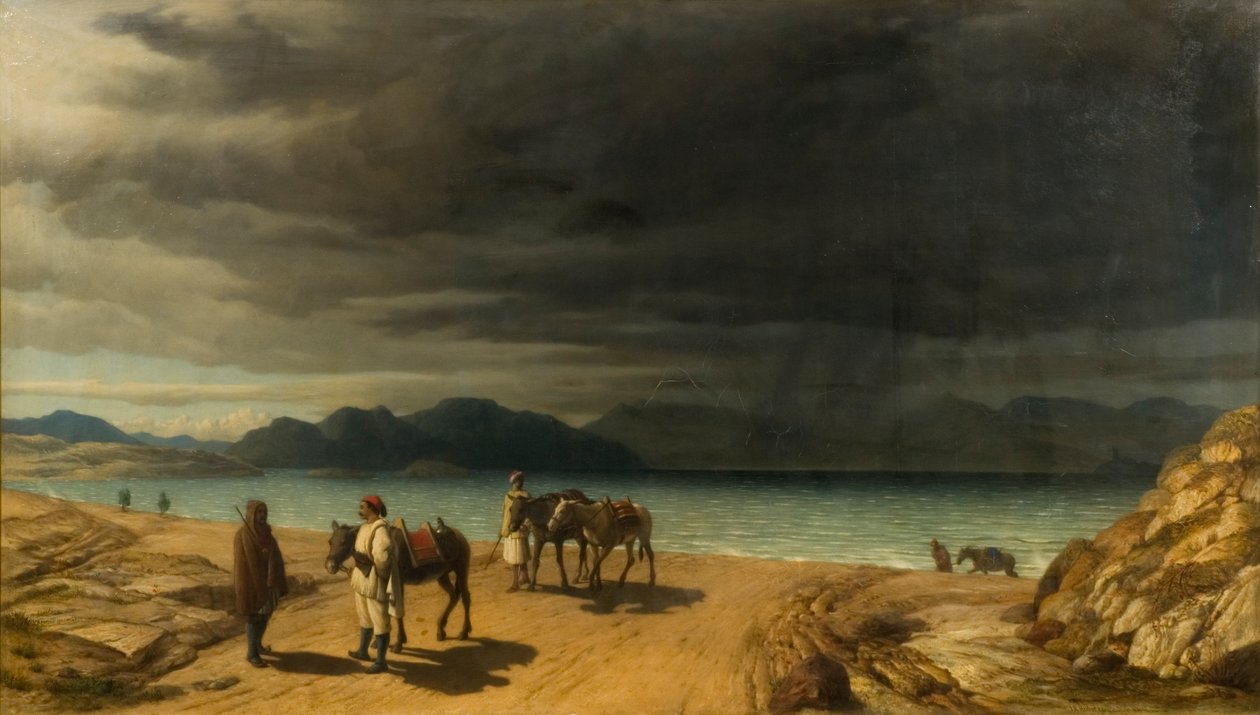 Krajobraz z jeziorem i greckimi żołnierzami autorstwa John Rogers Herbert