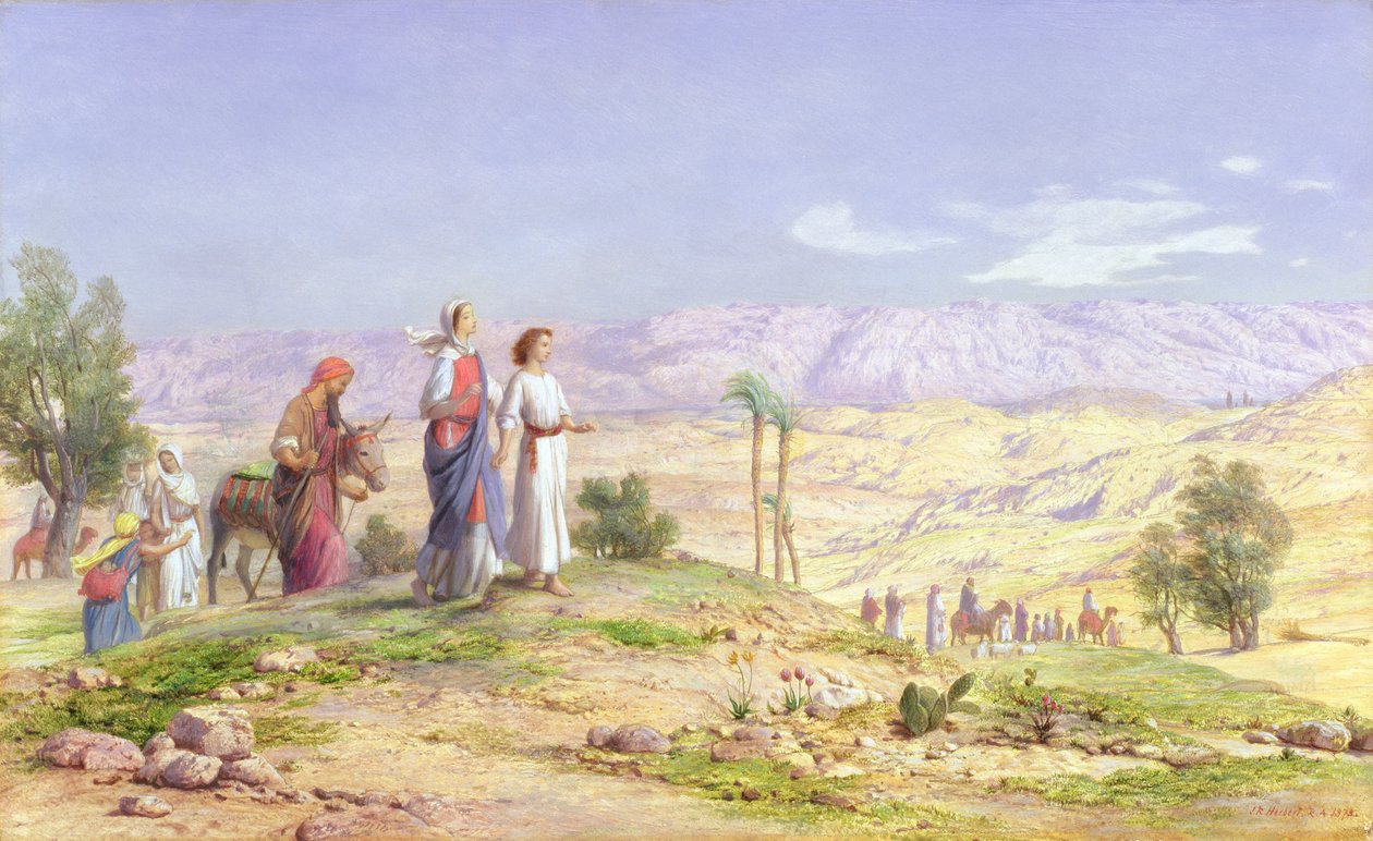 Święta Rodzina zbliżająca się do Jerozolimy z Nazaretu, 1878 (olej na ołówku na płycie) autorstwa John Rogers Herbert