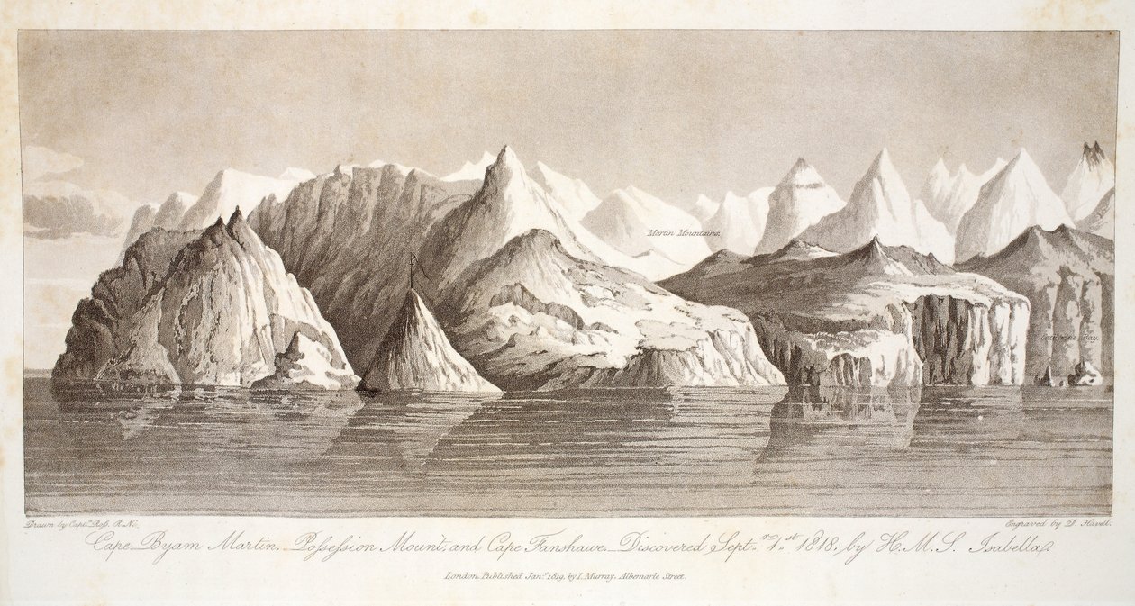 Cape Byam Martin, Pofsefsion Mount i Cape Fanshawe, odkryte 1 września 1818 przez HMS Isabella, ilustracja z „Podróży odkrywczej...”, 1819 autorstwa John Ross