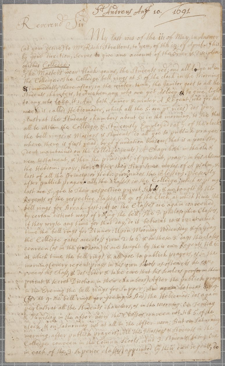 List od Johna Rowa, studenta w St Andrews, do jego wuja, 1691 autorstwa John Row