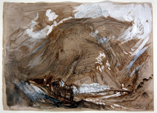 Alpine Valley, ok. 1854 (ołówek, tusz i akwarela wzmocnione bielą na papierze) autorstwa John Ruskin