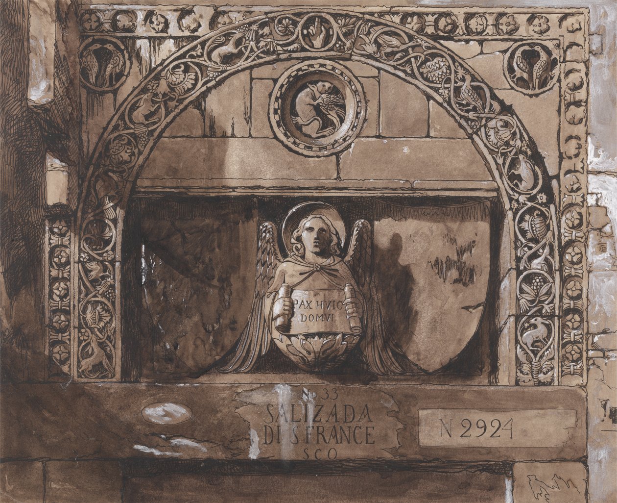 Przedsionek Palazzo Contarini della Porta di Ferro (pióro, atrament, pranie i bc na papierze) autorstwa John Ruskin