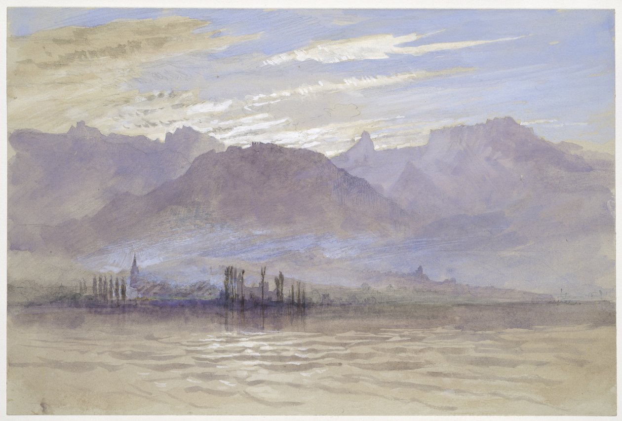 Poranek na wiosnę, z północno-wschodnim wiatrem, w Vevey, maj - czerwiec 1849 lub 1 maja 1869 (akwarela i body na graficie na jasnoszarym papierze tkanym) autorstwa John Ruskin