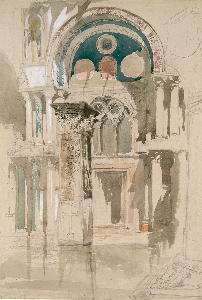 Część Bazyliki Świętego Marka, Wenecja: Szkic po deszczu, 27 maja 1846 r. autorstwa John Ruskin