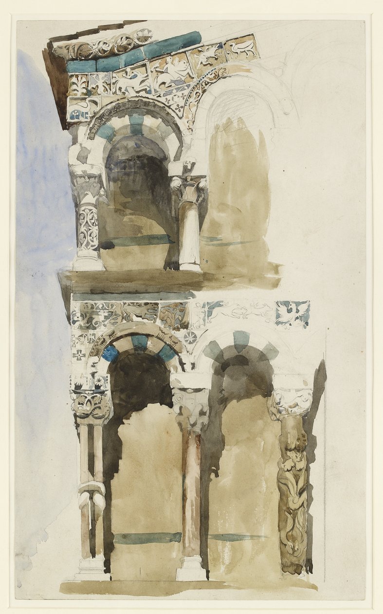 Fragment fasady zniszczonego kościoła San Michele in Foro, Lukka, naszkicowany kolorem, 30 czerwca - 1 lipca 1846 (akwarela na graficie na papierze tkanym) autorstwa John Ruskin