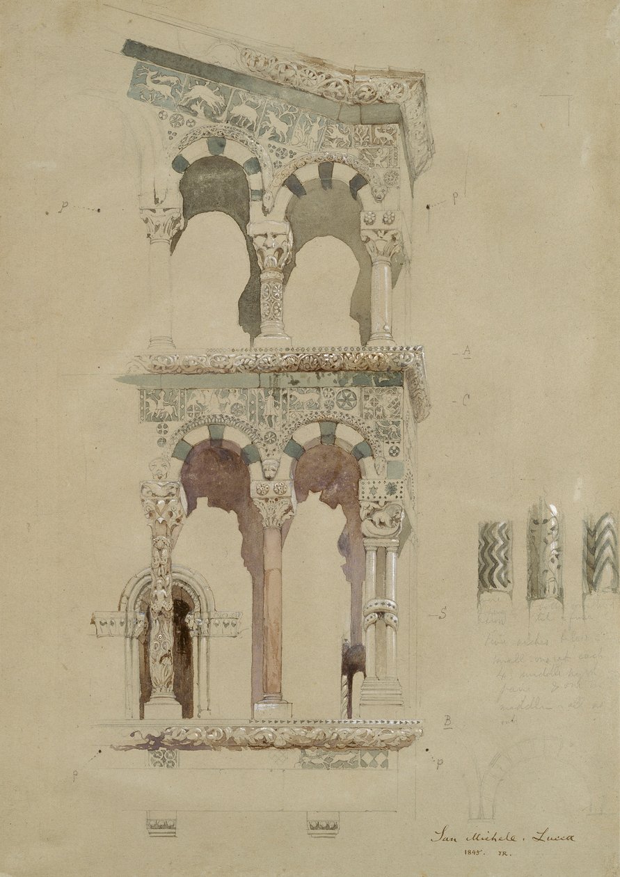Część fasady zniszczonego kościoła San Michele in Foro, Lucca, jak pojawiła się w 1845 r., Ma autorstwa John Ruskin