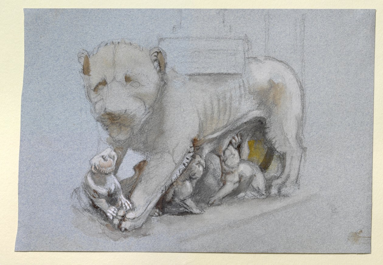 Szkic lwicy i młodych z Ambona Nicola Pisano w Sienie, czerwiec 1870 (akwarela i kolor ciała na grafitowym na niebiesko-szarym papierze tkanym) autorstwa John Ruskin