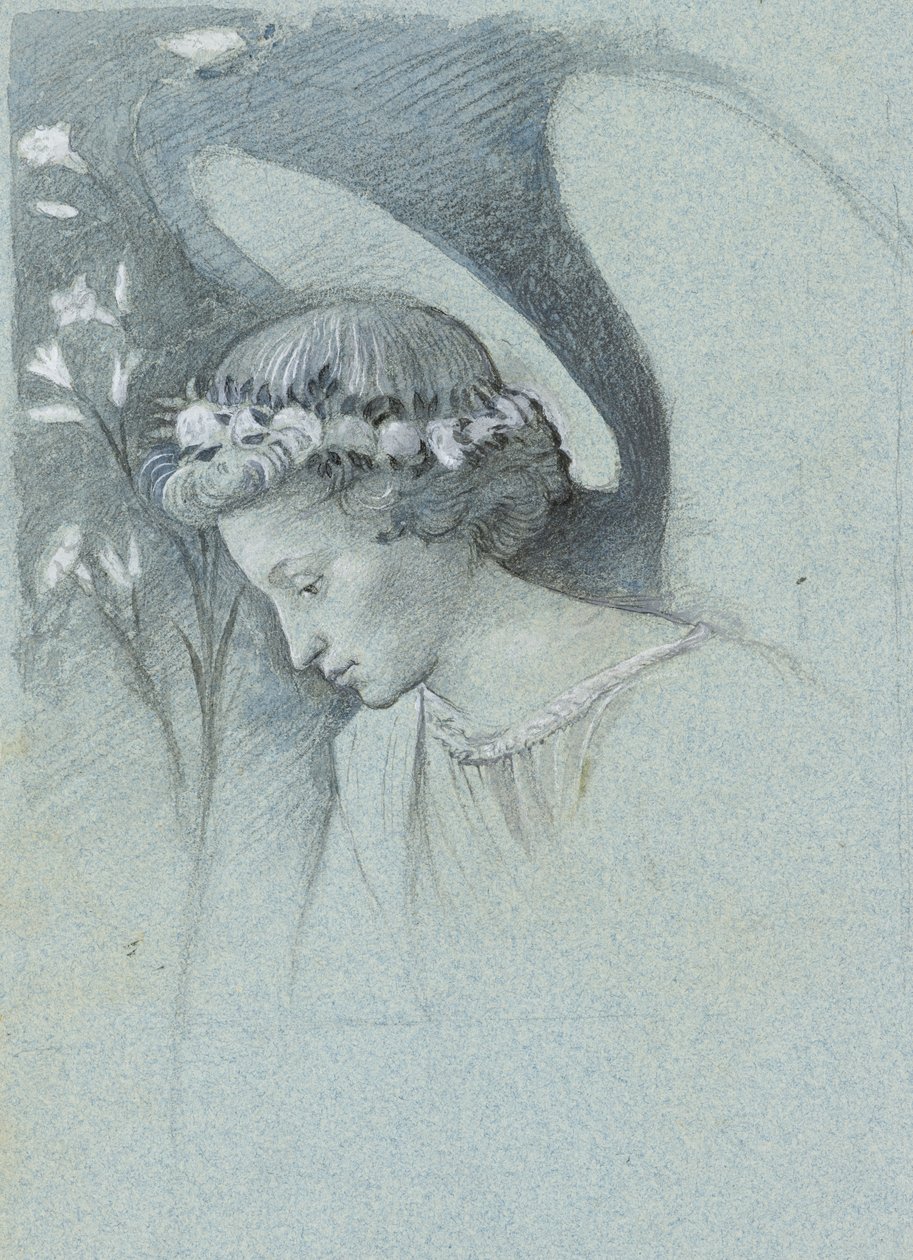 Studium Głowy Anioła Gabriela w „Aniołku zapowiadającym” Filippo Lippiego, 28 czerwca 1870 (grafit, akwarela i kolor ciała na niebieskim papierze tkanym) autorstwa John Ruskin