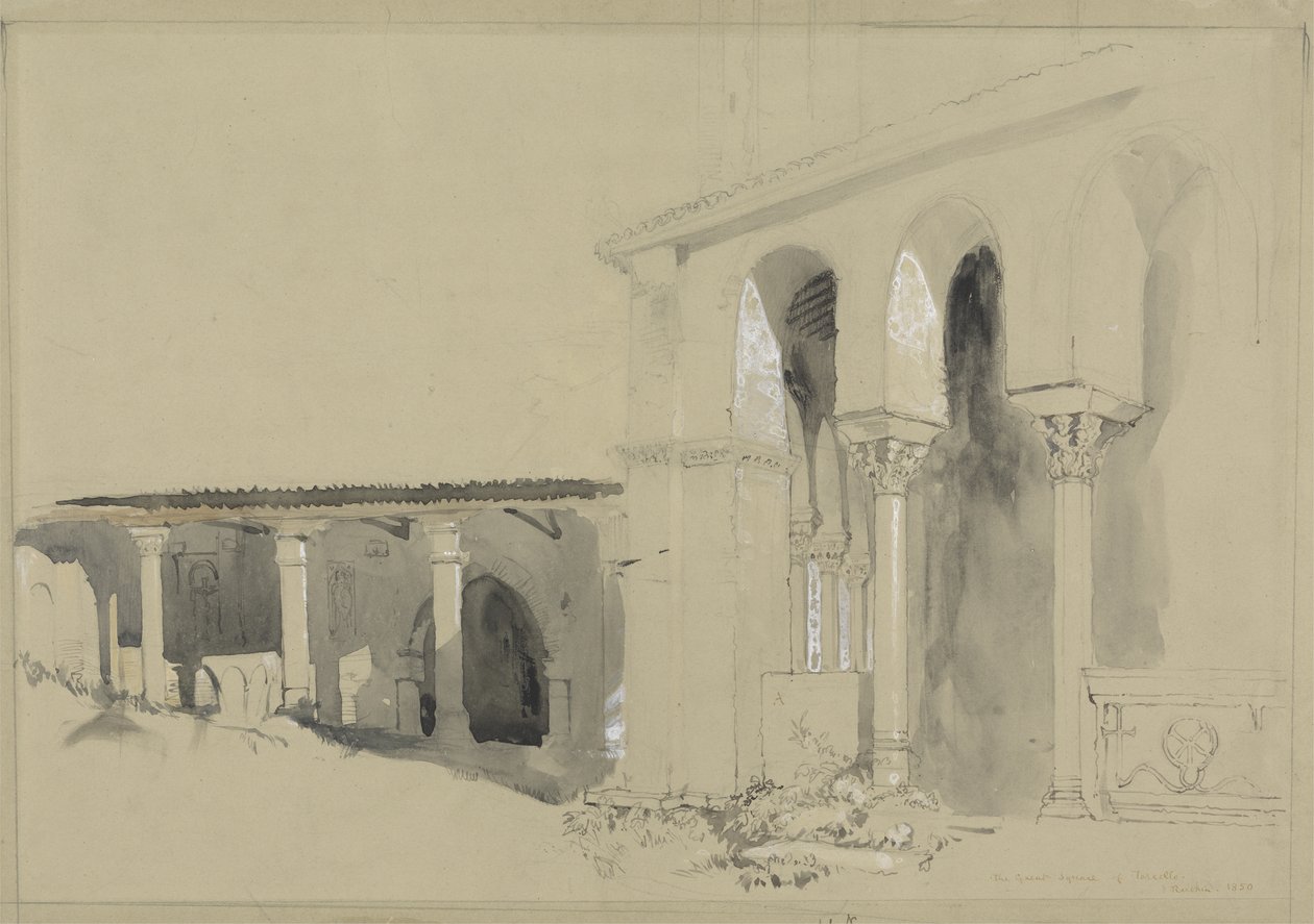 Wielki Plac w Torcello, 1850 (pióro, tusz i lawowanie na graficie z gwaszem na brązowym papierze tkanym) autorstwa John Ruskin