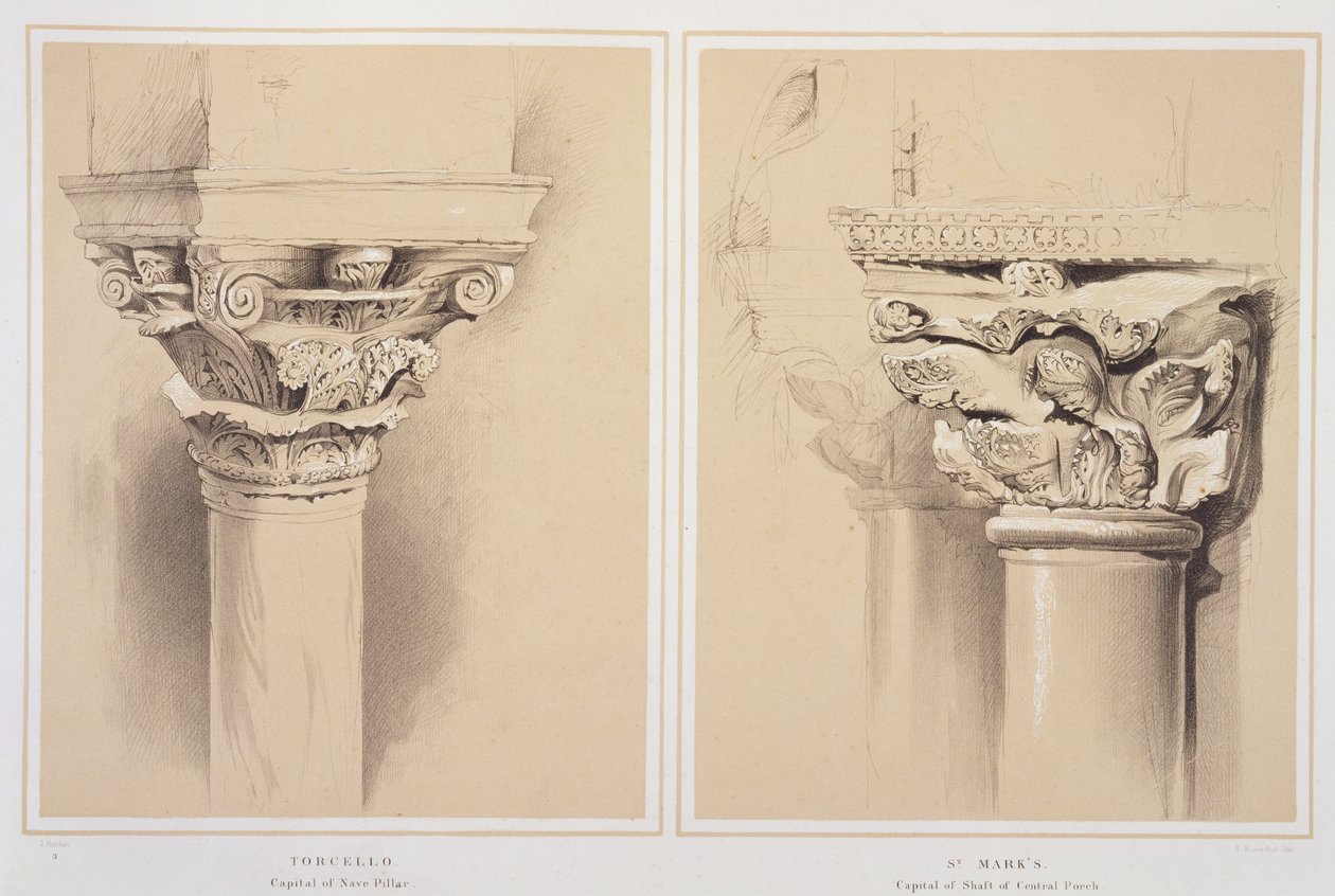 Torcello, stolica filaru nawy i św. Marka, stolica z ganku centralnego, z „Przykładów architektury Wenecji” Johna Ruskina, ryty przez G. Rosenthala, 1851 autorstwa John Ruskin