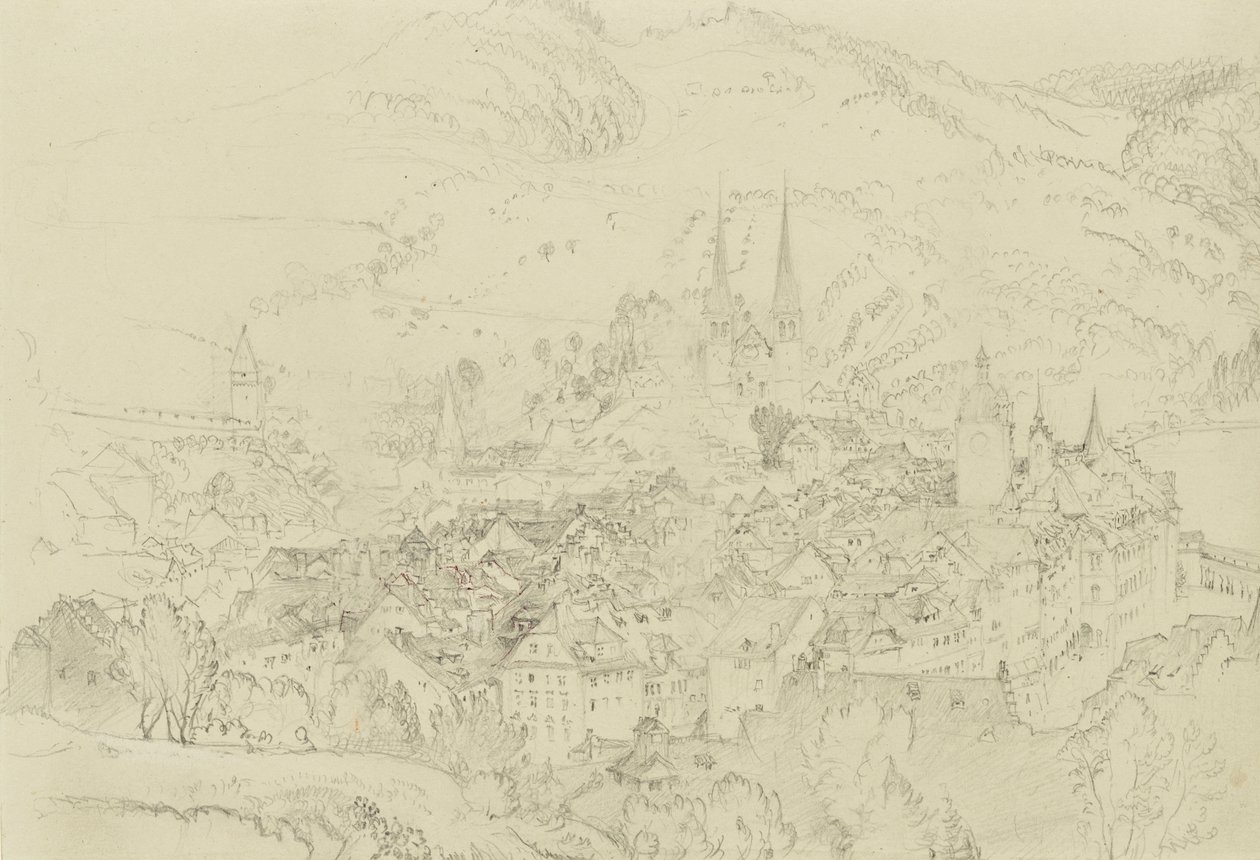 Widok Lucerny z góry, październik-grudzień 1861 (grafit z dotykiem pióra i atramentu na jasnoszarym papierze tkanym) autorstwa John Ruskin