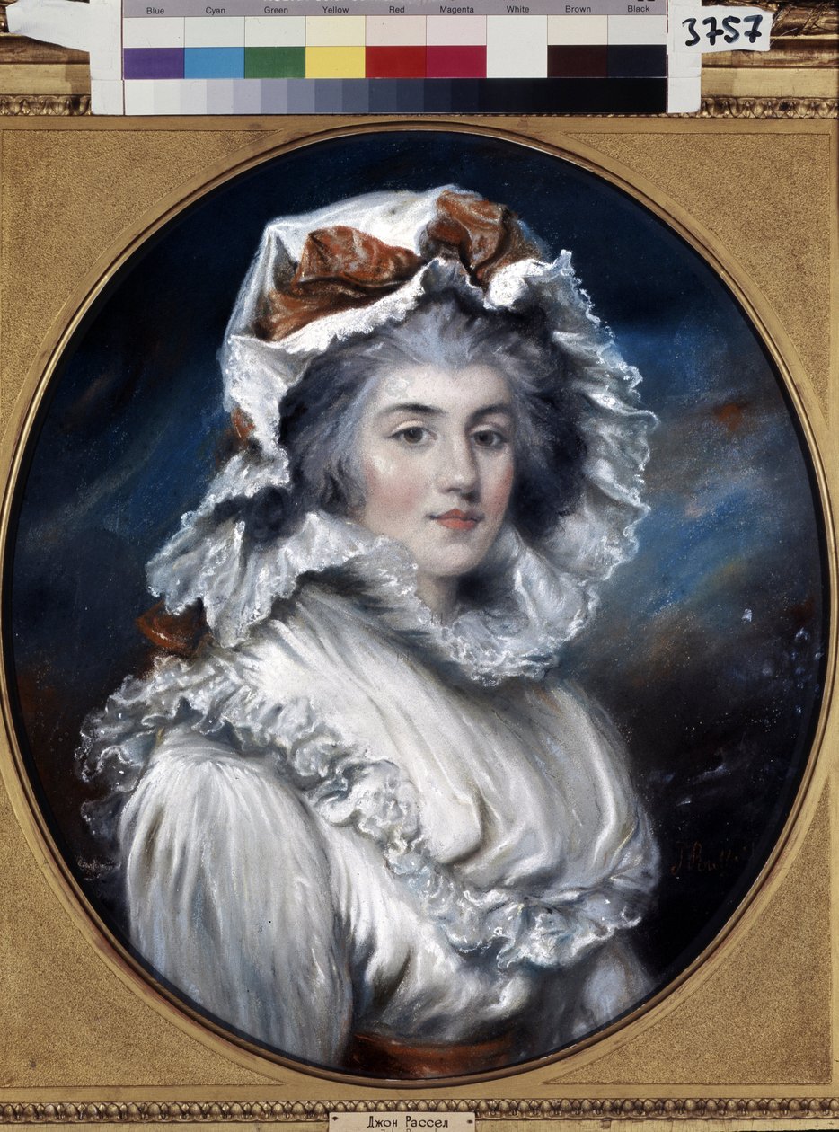 Portret młodej kobiety w czapce (Portret dziewczyny w czapce). Rysunek Johna Russella (1745-1806). Pastel na papierze, II poł. XVIII w. Sztuka angielska XVIII wieku. Muzeum Ermitażu w Sankt Petersburgu. autorstwa John Russel