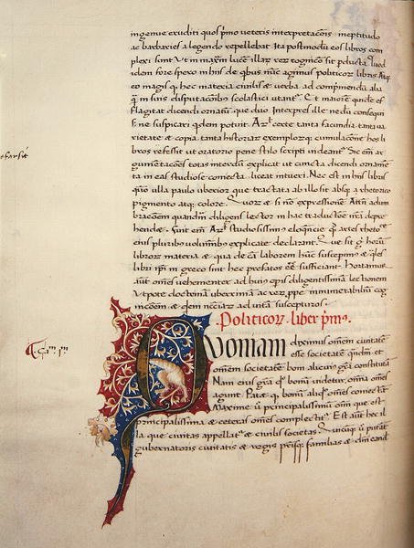 Ms.228, f.90v: Strona z „Etyki i polityki nikomachejskiej” Arystotelesa autorstwa John Russell