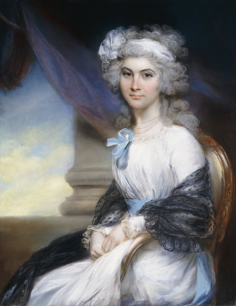 Portret panny Sophii Vansittart, długości 3/4, ubranej w białą sukienkę z białą wstążką na pudrowych włosach i czarnym szalem owiniętym wokół ramion, siedzącej obok klasycznej kolumny, autorstwa John Russell