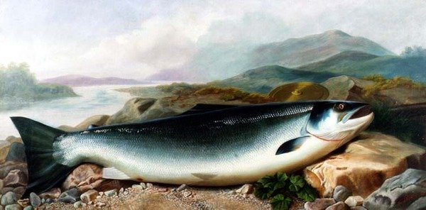 Martwa natura łososia na brzegu rzeki w górzystym krajobrazie autorstwa John Russell
