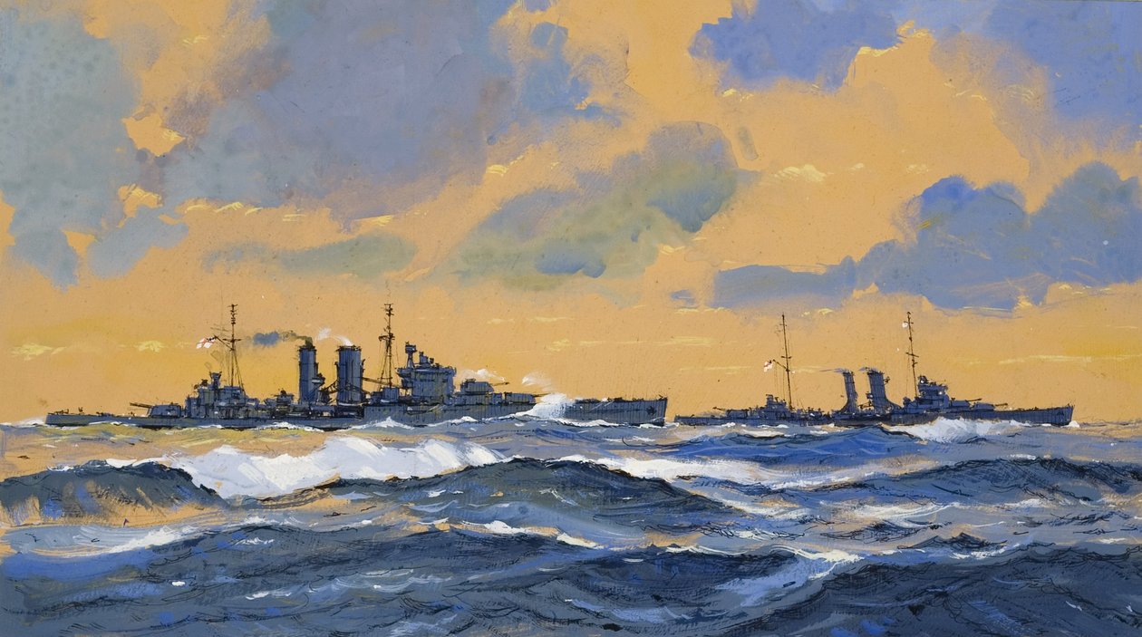 Brytyjskie krążowniki HMS Exeter i HMS York (gwasz na papierze) autorstwa John S. Smith