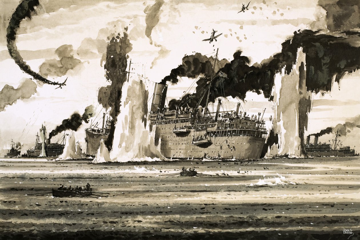 Zatonięcie okrętu Lancastra u wybrzeży St Nazaire w czerwcu 1940 r. autorstwa John S. Smith