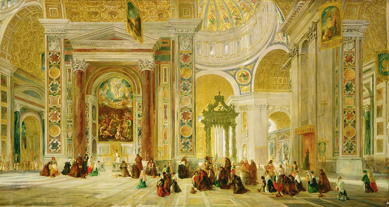 Wnętrze kościoła św. Piotra w Rzymie (olej na płótnie) autorstwa John Scarlett Davis