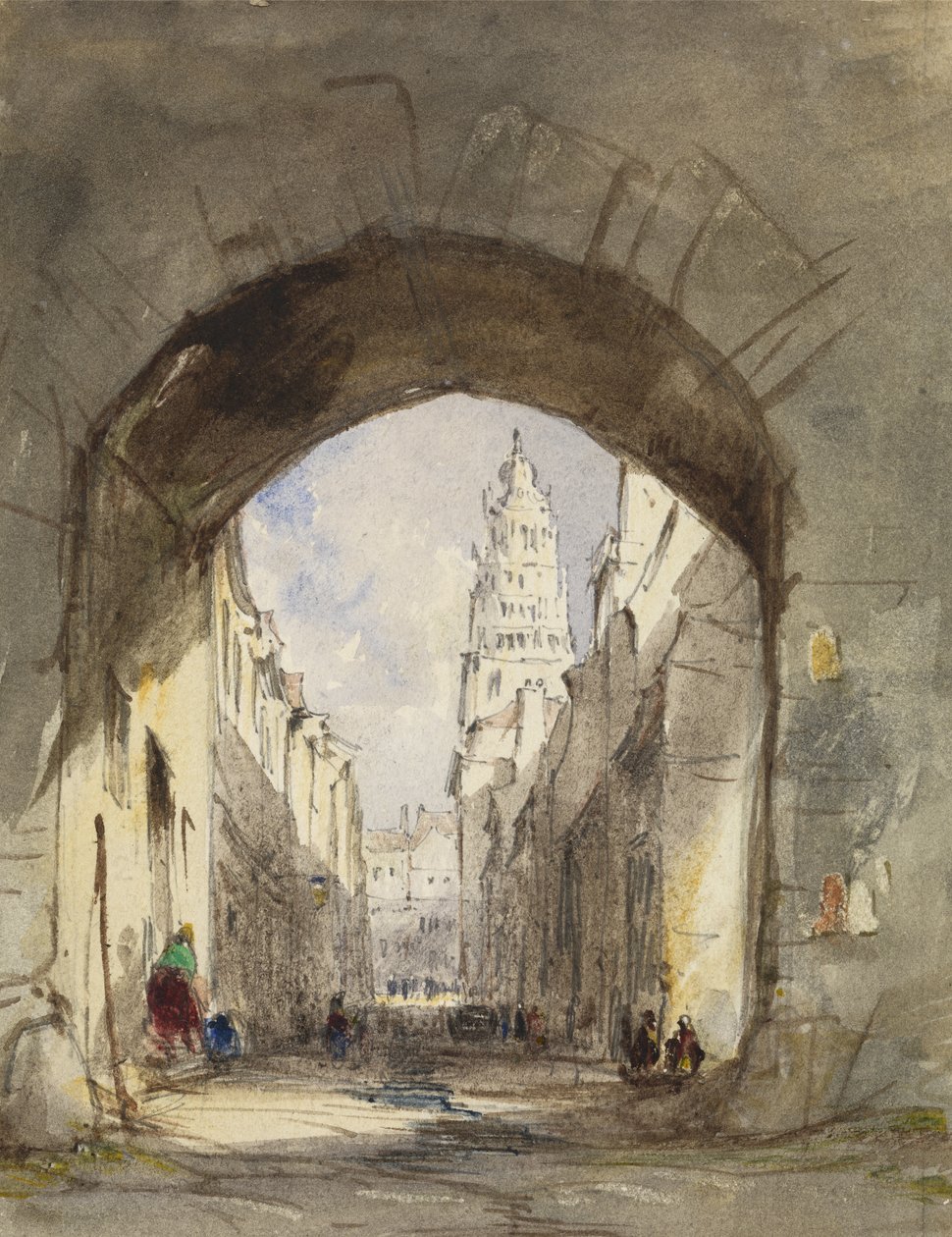 Scena uliczna w Calais (toaleta z wydrapywaniem nad grafitem na papierze) autorstwa John Scarlett Davis