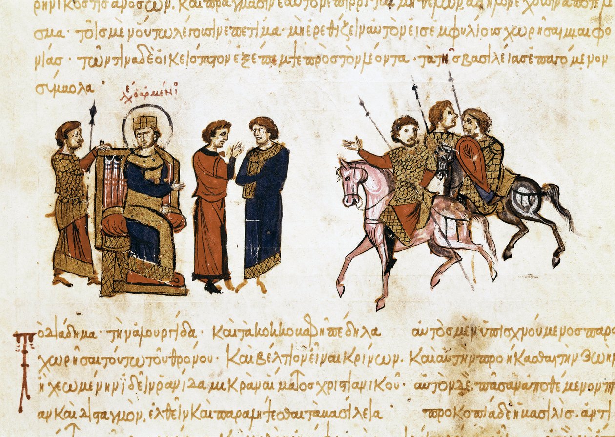 Koronacja cesarza bizantyjskiego Leona V Ormiana (775-820), miniatura z "Synopsis historyrum", ok. 1126-1150 autorstwa John Scylitzes