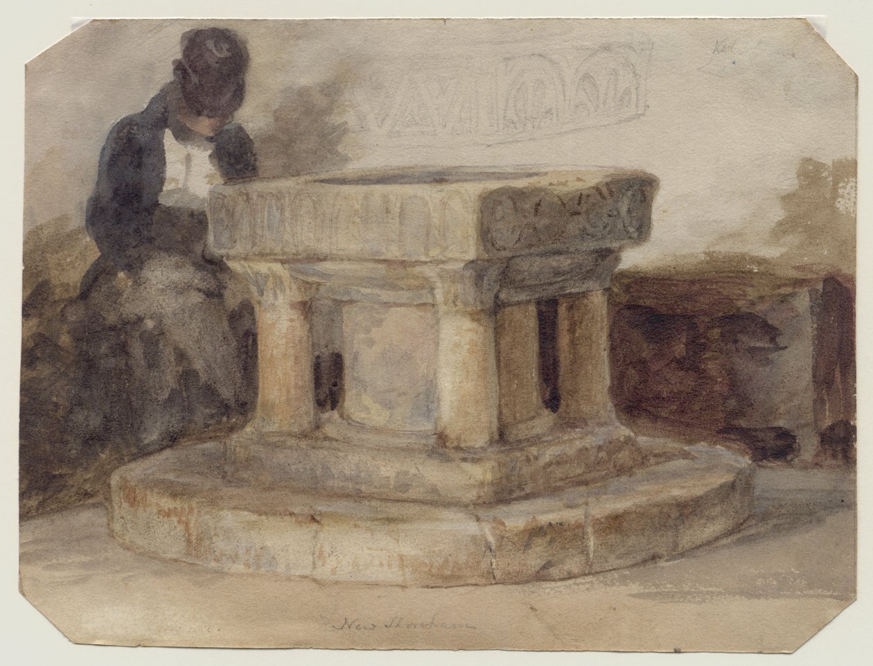 Font of New Shoreham Church, West Sussex, ze śpiącym artystą Williamem Scottem z Brighton autorstwa John Sell (style of) Cotman
